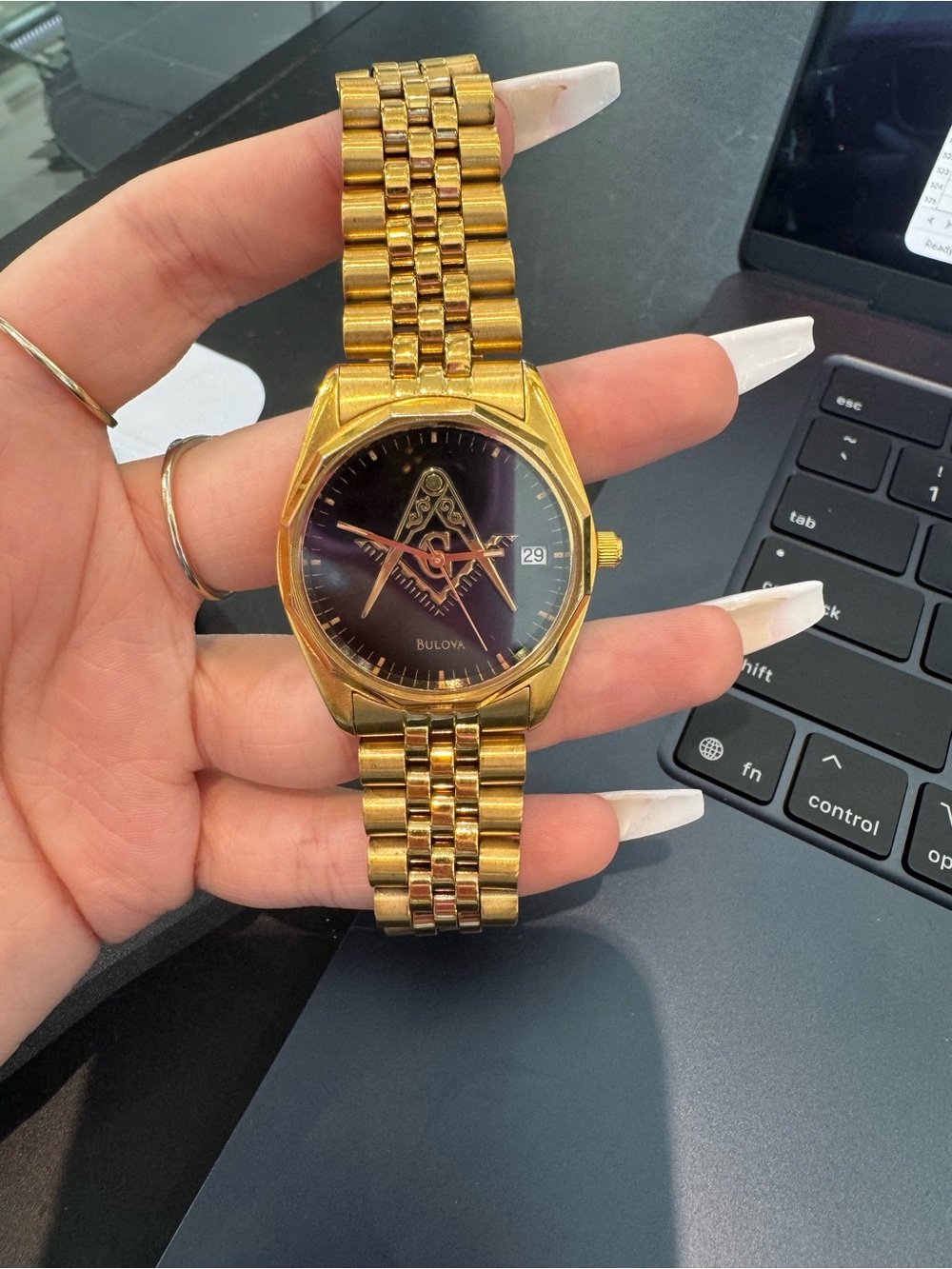 Vintage Bulova Masonic Quartz Watch 97B30 — Gold Tone & Black Dial